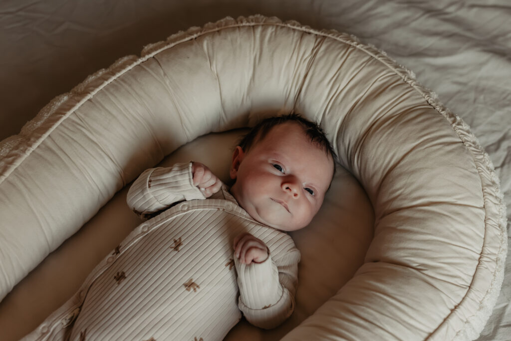 baby in mandje tijdens newbornshoot in de eerste weken